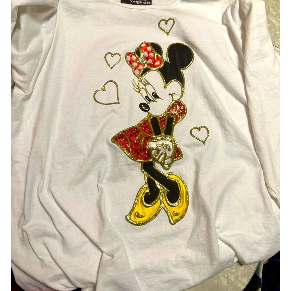 Vtg 90’s Disney Originals Minnie Mouse Large T-Shirt White W/Rare Puffy Glitter